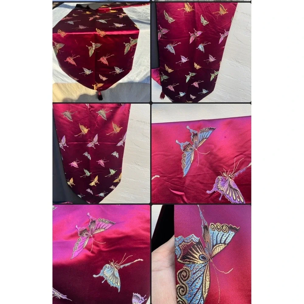 Vintage Butterfly Table Runner Burgundy Red Embroidered Tassel Chinoiserie 78